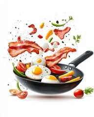 Breakfast Frying Pan with Eggs, Bacon, and Vegetables