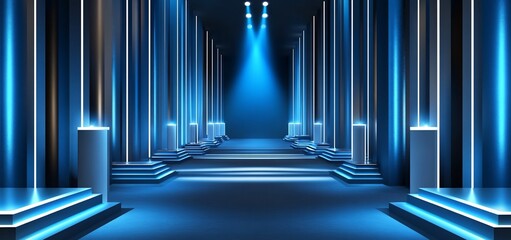 Futuristic blue neon lit stage with columns and podiums.