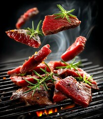 Grilled Beef Slices with Rosemary Cooking on Grill
