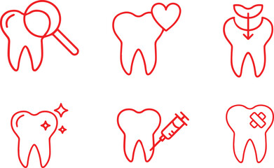 Dental icons, minimalist red line drawings, tooth illustrations, heart symbols, dental care concepts, tooth with magnifying glass, tooth with heart, tooth with shield,