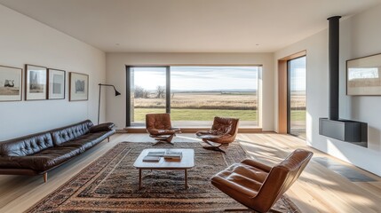 Naklejka premium A modern living room featuring a fireplace and natural view