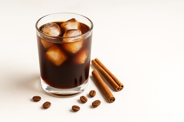 Cold brew coffee with ice, cinnamon sticks and coffee beans
