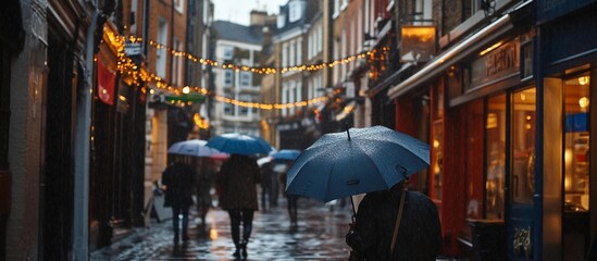 Rainy day in a charming, narrow street lined with shops and people with umbrellas.