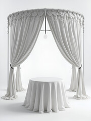 A white canopy tent with black legs and a white round table inside on a white background scene view