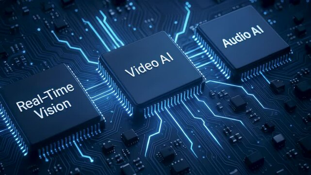 3D animation showing AI circuit board featuring video and audio AI chips. Concept of technology and artificial intelligence. Seamless loop, negative space area.
