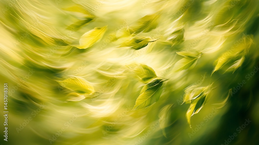 Wall mural abstract image of green leaves swirling in the wind, creating a dynamic and vibrant motion blur effe