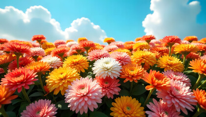 Colorful blooming flowers with blue sky and full of clouds