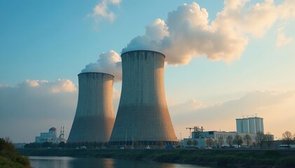 Obraz premium Large industrial smog cooling tower, emitting vapor , factory, tower, plant
