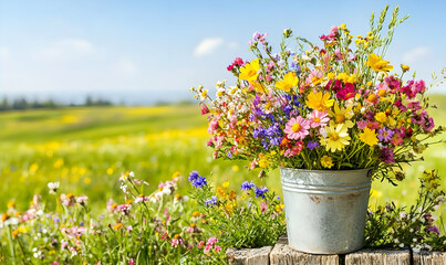 Colorful Wildflower Bouquet in Metal Bucket, Sunny Meadow