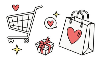 Red heart shopping bags symbolize love and gifts for a romantic Valentine's Day sale