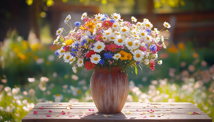 Colorful Wildflower Bouquet in Rustic Vase Outdoors