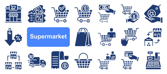 Supermarket icon collection set. Containing trolley, basket, grocery store, grocerant, cashier, self service, consumer icon. Simple flat vector.