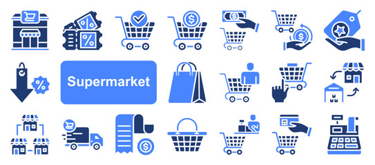 Supermarket icon collection set. Containing trolley, basket, grocery store, grocerant, cashier, self service, consumer icon. Simple flat vector.