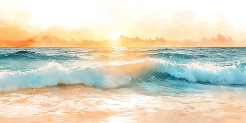 Obraz premium Stunning Sunset Beach Waves Ocean Landscape Image