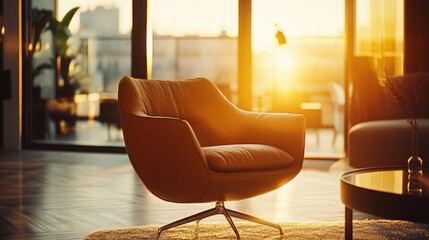 A modern lounge chair facing an expansive sunny outdoor view