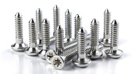 Close-up view of a cluster of metallic fasteners, exhibiting detailed threading and a reflective surface, arranged on a bright backdrop