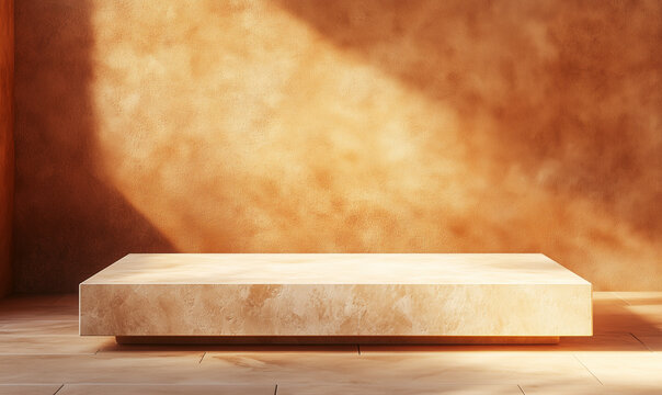 Stone podium in warm sunlight on terracotta background.