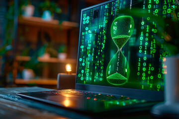 laptop screen displays a glowing green hourglass made of binary code, symbolizing data processing, digital countdown, or hacking in a tech-savvy workspace