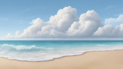 Fototapeta premium Serene beach landscape with gentle waves and fluffy clouds 