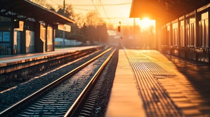 Naklejka premium Train platform morning, realistic, cinematic light, sharp focus.