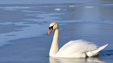 Obraz premium Whooper swan (Cygnus Cygnus) swimming in icy lake in the spring in Finland.