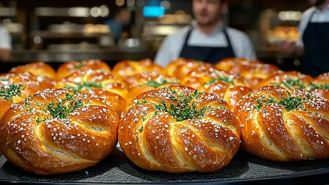 Freshly baked, round breads with a swirl pattern and herbs