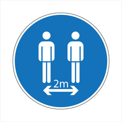 Round blue and white mandatory sign indicating the minimum distance of two meters between people, for social distancing