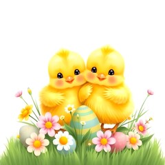 easter chicks and easter eggs and wlowers on white