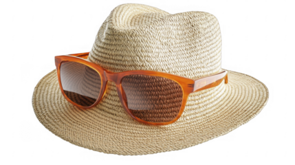 Stylish straw hat with brown-tinted sunglasses resting on the brim, evoking summer vibes and sun protection, on a transparent background, PNG image, PNG file.