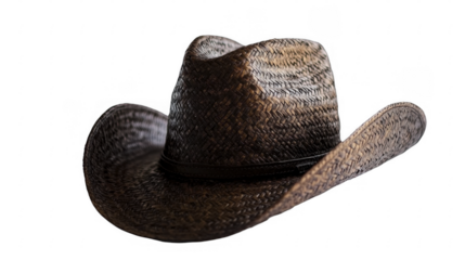 Woven straw cowboy hat with dark leather band, traditional headwear apparel, rustic western attire, head covering, hat for sun protection on a transparent background, PNG image, PNG file.