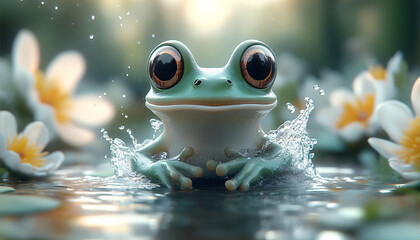 Cute Cartoon Frog in Water Lilies