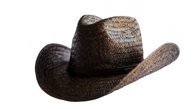 Woven straw cowboy hat with dark leather band, traditional headwear apparel, rustic western attire, head covering, hat for sun protection on a transparent background, PNG image, PNG file.