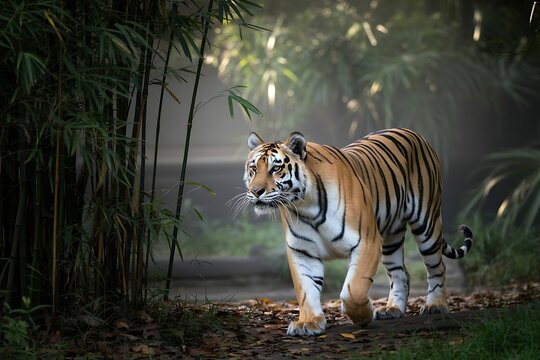 Majestic Tiger Walking Through Bamboo Forest