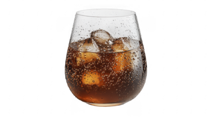Refreshing brown fizzy soda beverage filled with clear ice cubes in a transparent glass, isolated on a black background, PNG image, PNG file.