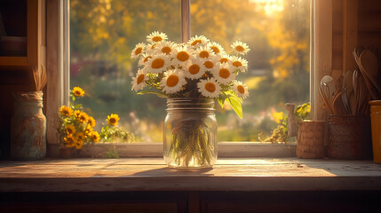 Daisy Bouquet in Mason Jar on Rustic Windowsill in Sunlight