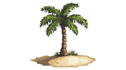 Pixelated palm tree stands on sand with green foliage, showcasing vintage gaming visuals, summer vacation theme, on a transparent background, PNG image, PNG file.