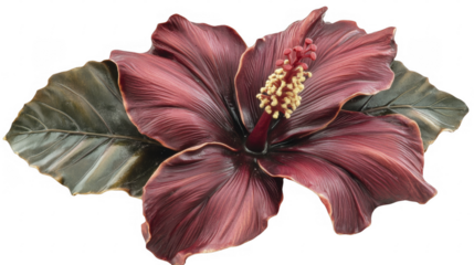 Exquisite maroon hibiscus bloom with prominent stamen accompanied by pair foliage, detailed petals showcasing tropical flora on a transparent background, PNG image, PNG file.