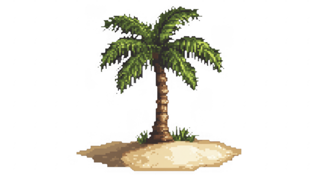 Pixelated palm tree stands on sand with green foliage, showcasing vintage gaming visuals, summer vacation theme, on a transparent background, PNG image, PNG file.