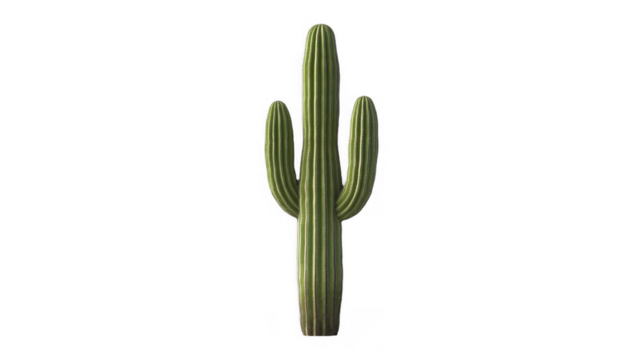 Saguaro-like cactus with three arms, showcasing its ribbed texture and spiky areoles, evoking a desert vibe on a transparent background, PNG image, PNG file.