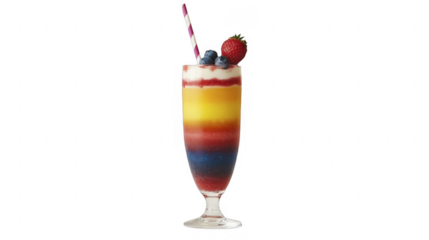 Tall layered cocktail beverage with vibrant color bands and a straw, topped with fresh berry fruit, ready to serve drink on a transparent background, PNG image, PNG file.
