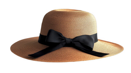 Classic woven summer hat with a black ribbon, providing sun protection for sunny days and vacations, on a transparent background, PNG image, PNG file.