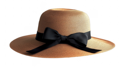 Classic woven summer hat with a black ribbon, providing sun protection for sunny days and vacations, on a transparent background, PNG image, PNG file.