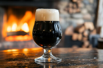Dark Beer by Fireplace: Cozy Winter Drink in Rustic Setting