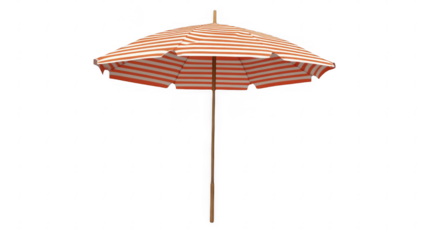 Eye-level full shot showcases an orange and white striped beach umbrella with a wooden pole; summer vibes and relaxation on a transparent background, PNG image, PNG file.