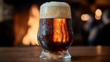 Dark Beer in a Glass by a Fireplace