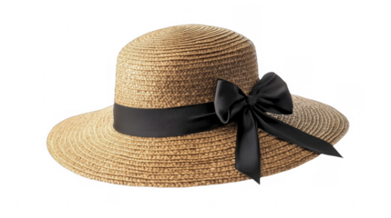 Summer straw sunhat with elegant dark ribbon, perfect for vacation or outdoor activities; stylish beach accessory on a transparent background, PNG image, PNG file.