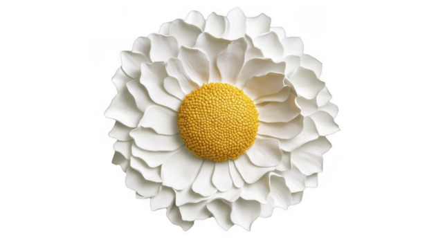 White flower with yellow center, a daisy type bloom with textured petals, soft lighting, botanical object on a transparent background, PNG image, PNG file.
