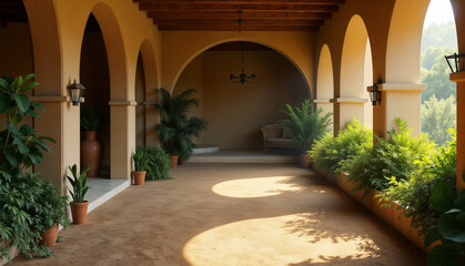 Elegant Indoor Patio with Arches and Lush Greenery