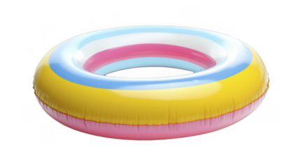 Inflatable swim ring with pink, yellow, white and blue stripes for pool fun and summer vacation, isolated on a transparent background, PNG image, PNG file.