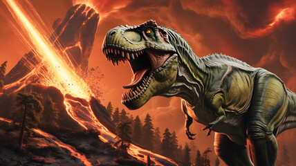 Fiery Prehistoric Extinction Tyrannosaurus Rex in Volcanic Eruption